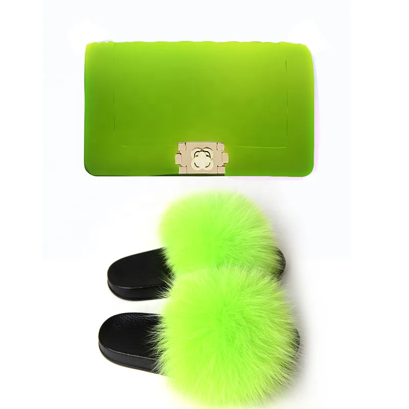 

Summer Hot Womens Rainbow Furry Slippers Fur Slides Handbag Sets
