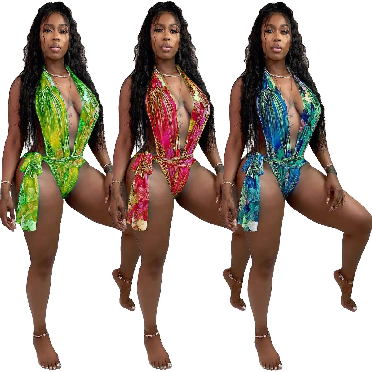 

Dvacaman Trendy 2021 New Arrivals Casual Floral Print Women Plus Size Bikini Sexy V-neck Bandage One Piece Bikini Swimwear, 3 color