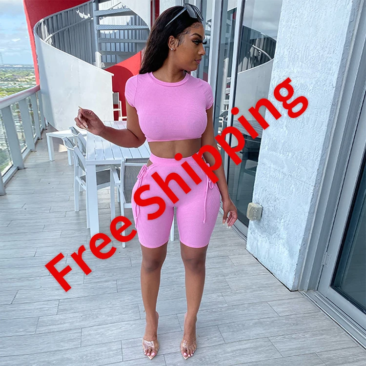 

S-XL New Arrivlas Lace Up Hollow Out Skinny 2 Piece Set Summer Clothes Ladies Two Piece Women Short Set 2021 Biker Short Set