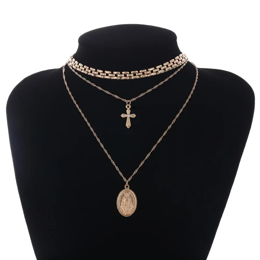 

Ruigang 3 Layer Chain Combination Religious Cross and Virgin Mary Pendant Multilayer Necklace for Girls, Gold,silver