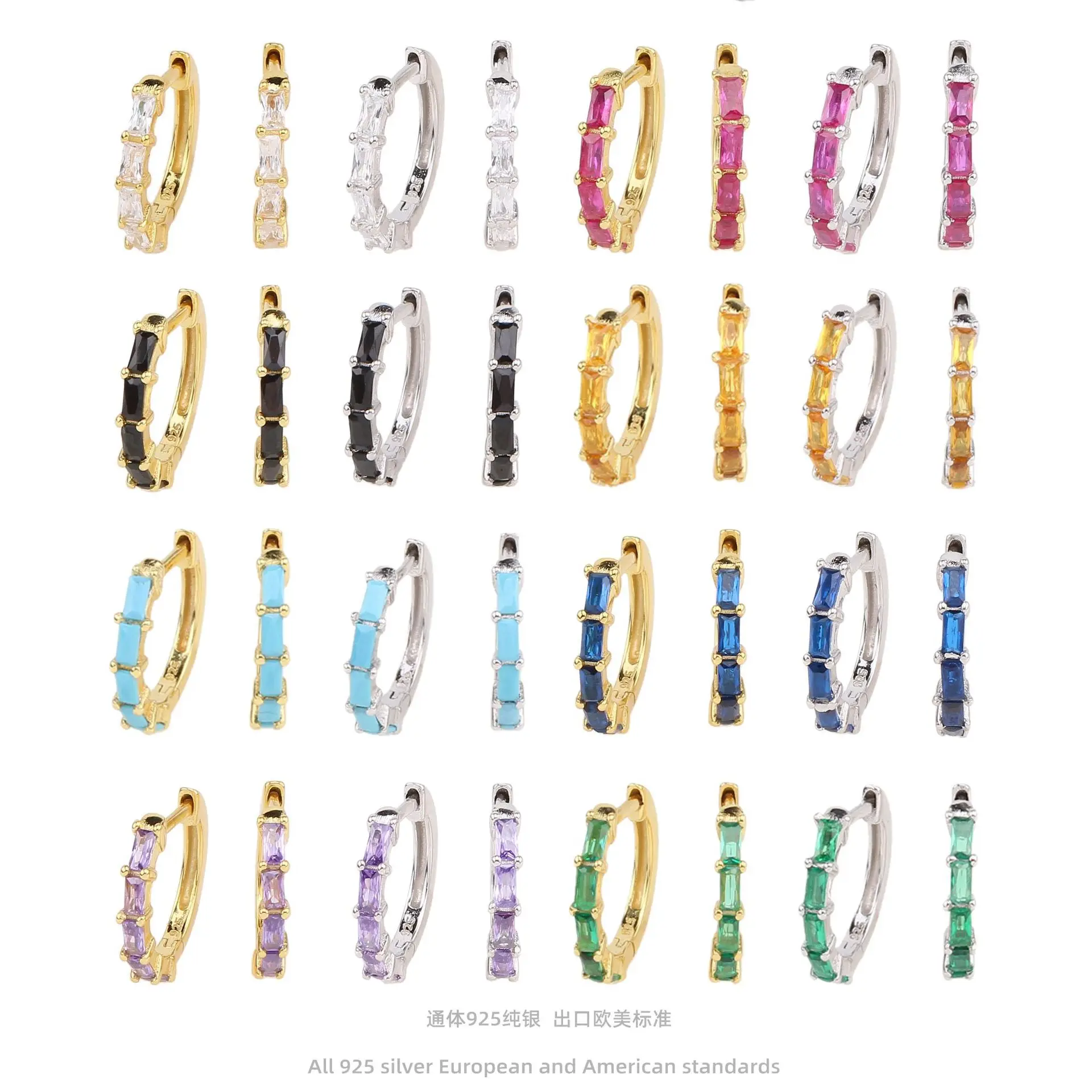 

Wholesale 925 Silver 18K Gold Plated Rainbow Multi Colored Zircon Baguette Eternity Hoop Earrings for Women