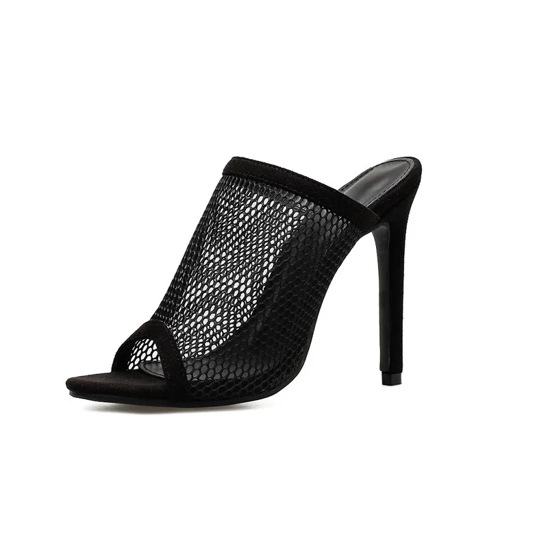 

Amazon AliExpress Hot Selling Sexy Lady Slippers Black Mesh Hollow High Heel Fish Mouth Open Toe Fashion Sandals Women