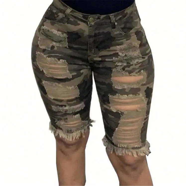 

KC-060590 wholesale fashion 2020 Summer camouflage elastic denim pants Women Female Bottoms Ladies Trousers ripped jeans