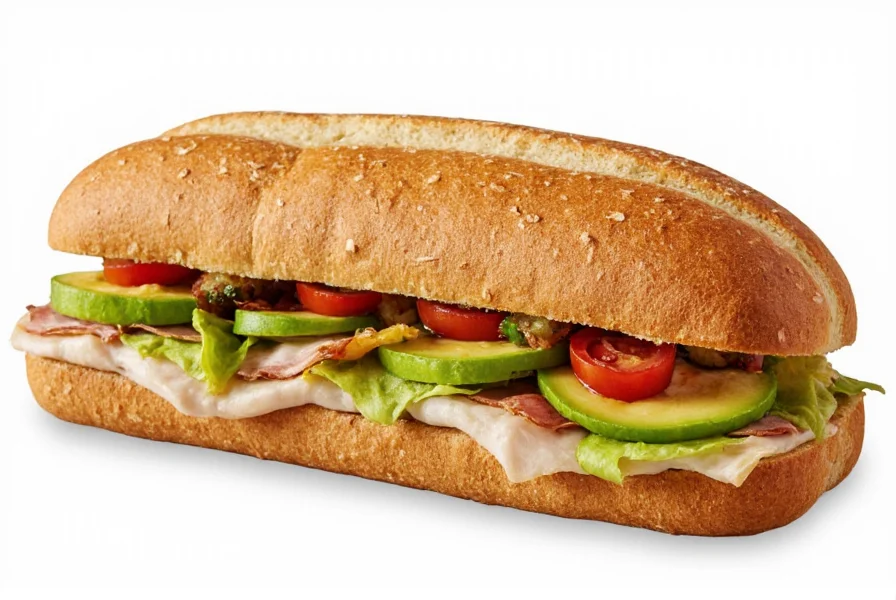 Subway sandwich on Ghost Pepper Bread with turkey, avocado, and vegetables showing the distinctive speckled bread texture