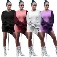 

A080493 newest design agaric hollow-out sleeve patchwork drawstring casual girls women short solid dresses