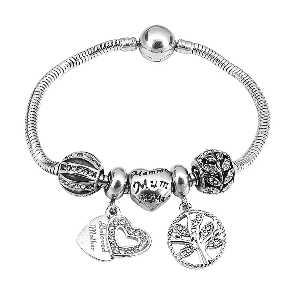 

Round Buckle CZ Large Hole Bead Charm Bracelet Micro Pave Zircon Stone Heart Life of Tree Charm Bracelet
