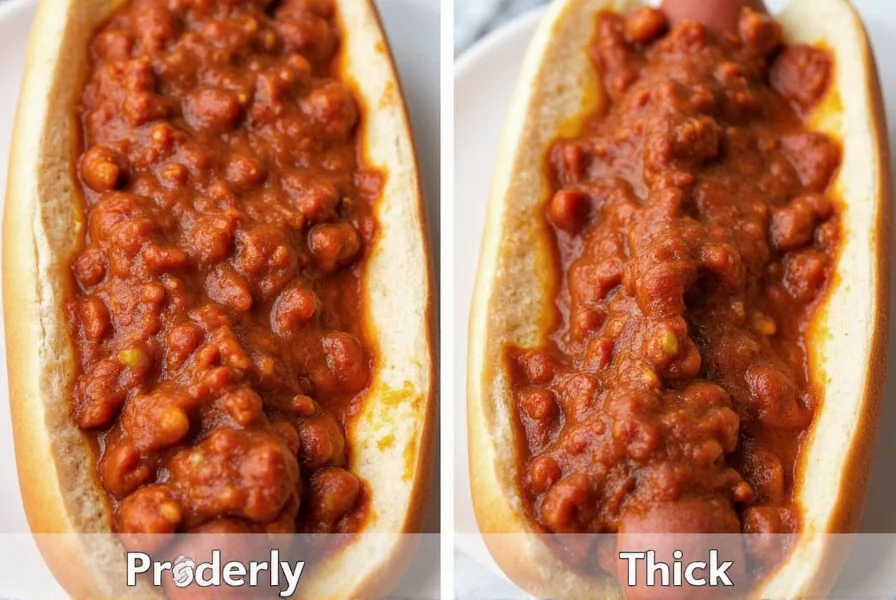 Side-by-side comparison of properly textured hotdog chili versus overly thick chili on hot dogs