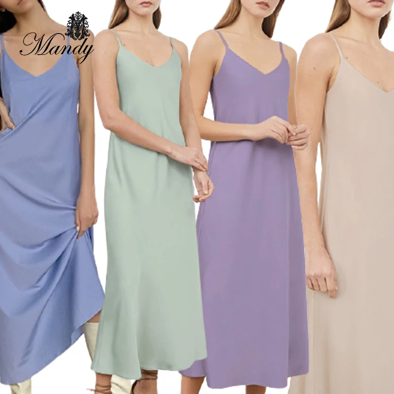 

Women's Summer 2021 Simple V-neck Long Skirt Casual Slim Sling Dress, Customized color