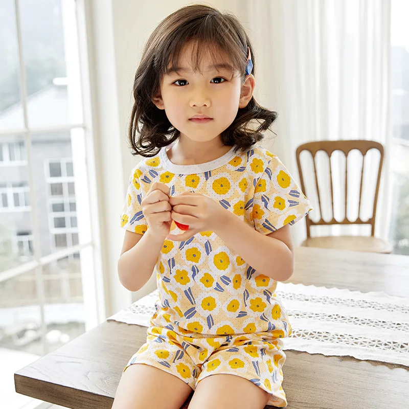 

1set Colorful Home Airsuit Baby Thin Round Collar Breathing Cotton Pajamas Children's Summer Short-sleeved Sleeping Pants Set