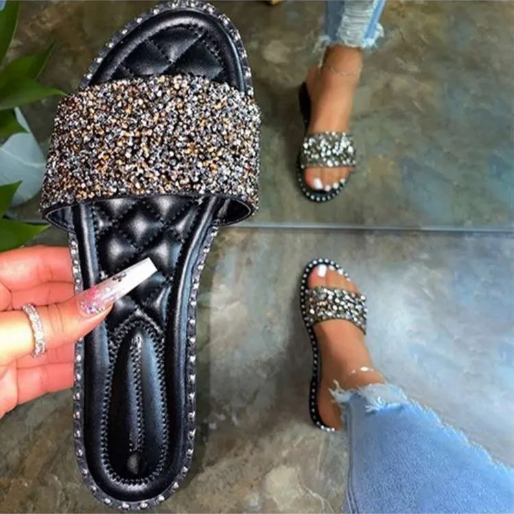 

Wholesale Large size fashion women's summer new one word rhinestone sandals