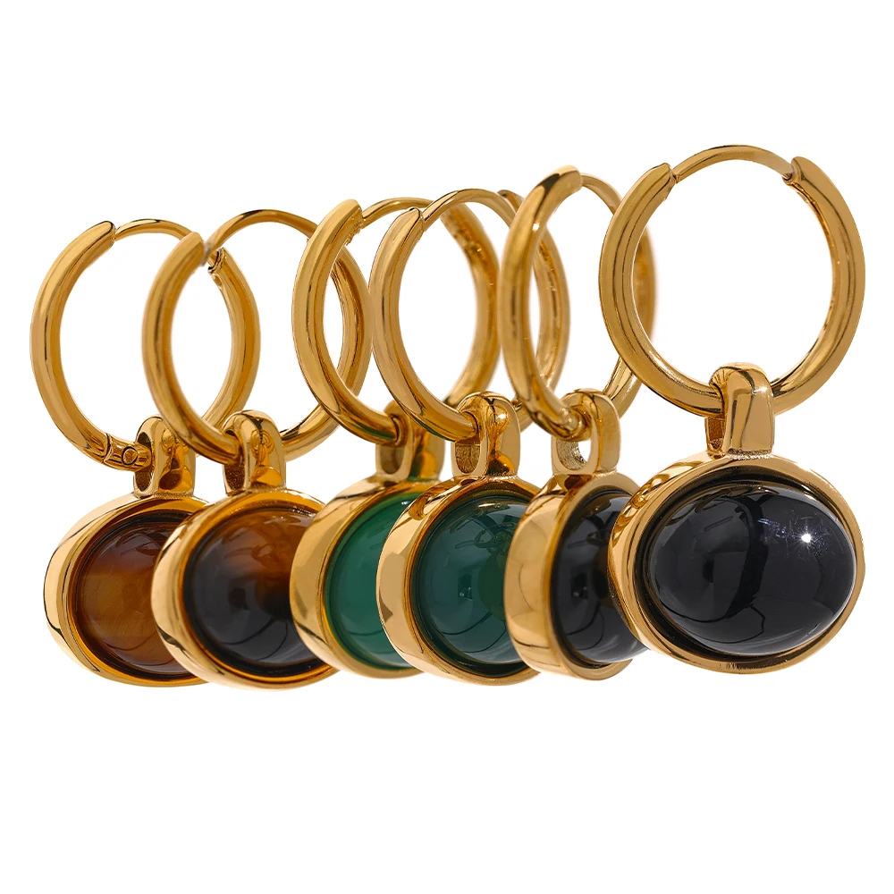 

JINYOU 816 Stainless Steel 18k Gold Plated Luxury Classic Round Tiger Agate Green Natural Stone Drop Hoop Earrings for Women