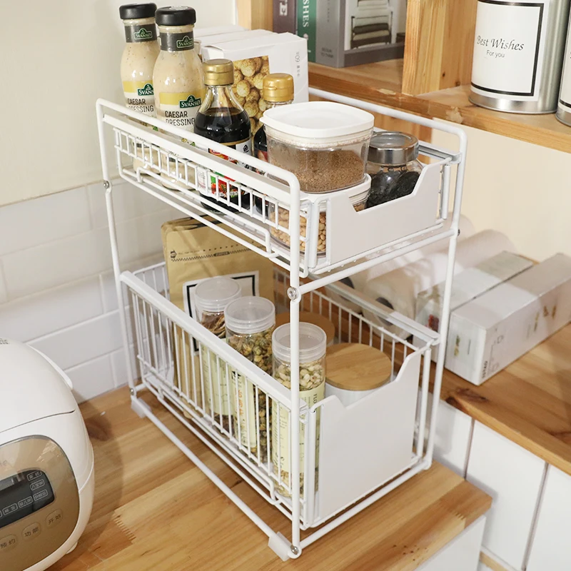 

wholesale bathroom/living room/ 2 layer under the sink kitchen shelf rack with drawer basket, White/black