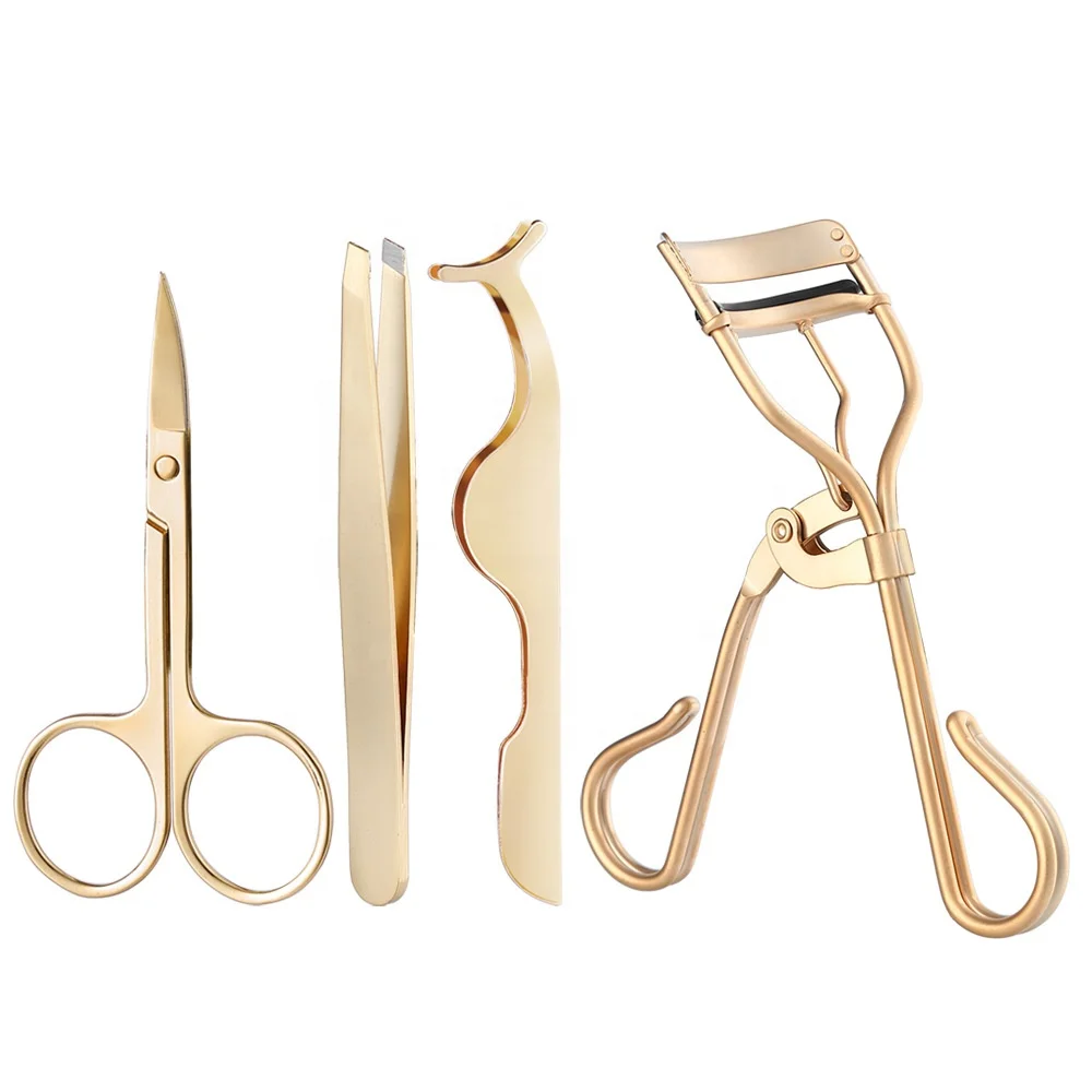 

High Quality Private Label 4-Pieces Stainless Steel Eyelash Curler Rose Gold Eyebrow Tweezers Set