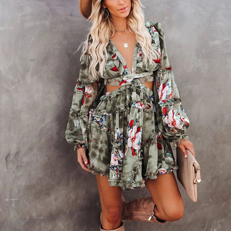 

Spring Floral Print Backless Ruffle Dress Women Casual Long Sleeve Summer Beach Dress Female Drawstring Lace up Party Vestidos