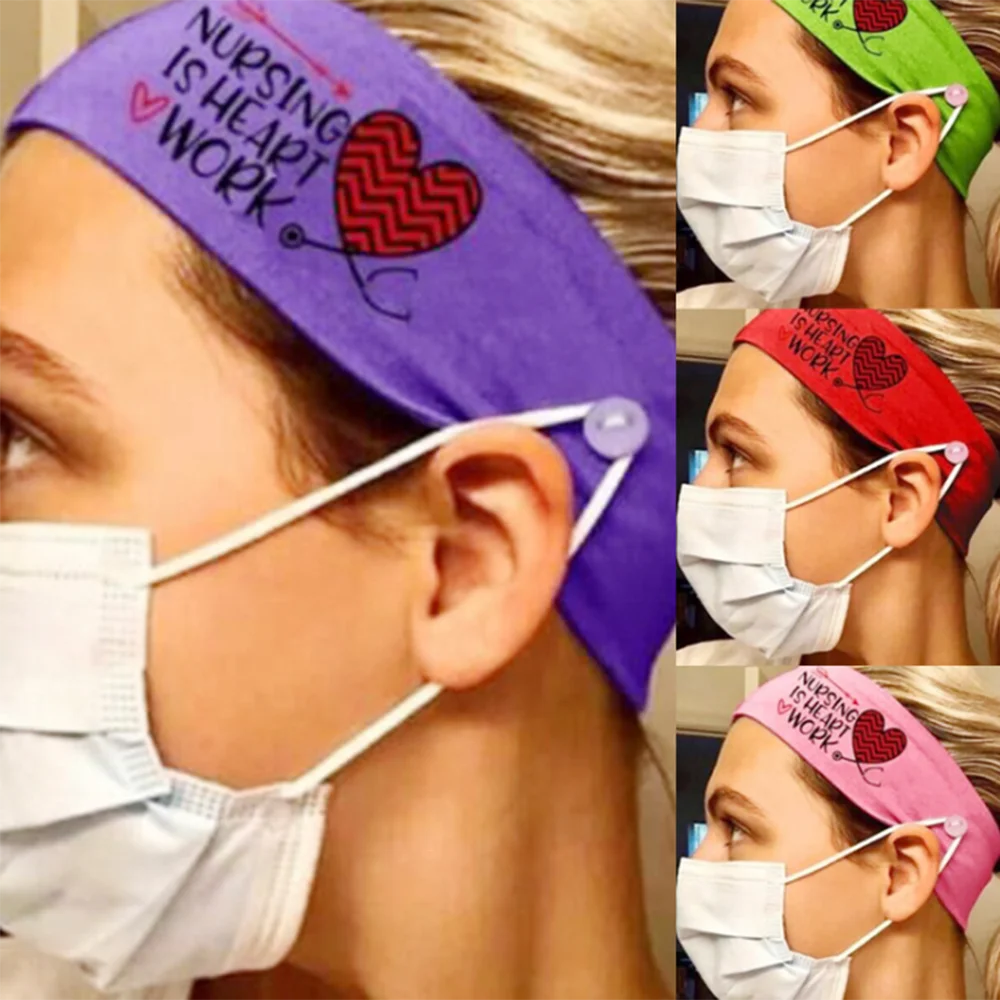 

Fashion Elastic Hair Band Women Print Heart Turban Nurse Head Wrap Headband With Button For Nurses Women Accessories