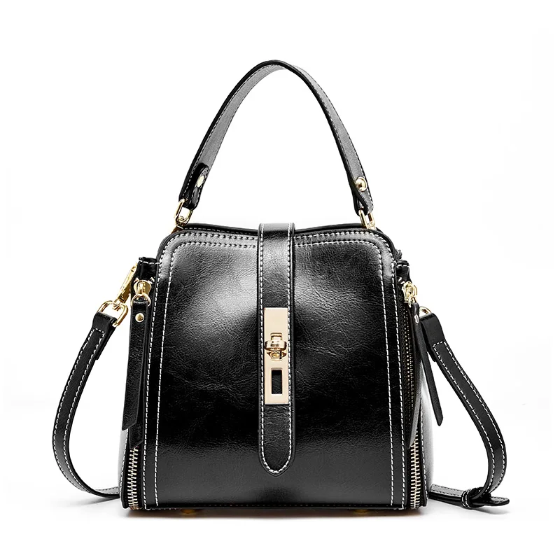 

2020 Korean Style Stylish Mini Bucket Women Messenger Bags With Long Strap Real Leather Black Shoulder handbag, Customized color