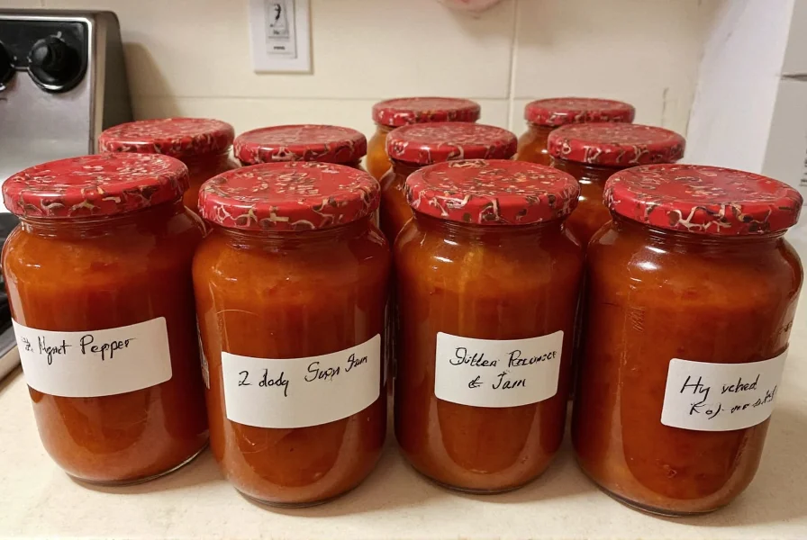 Properly sealed hot pepper jam jars arranged on a kitchen counter with labels indicating pepper variety and date of preparation