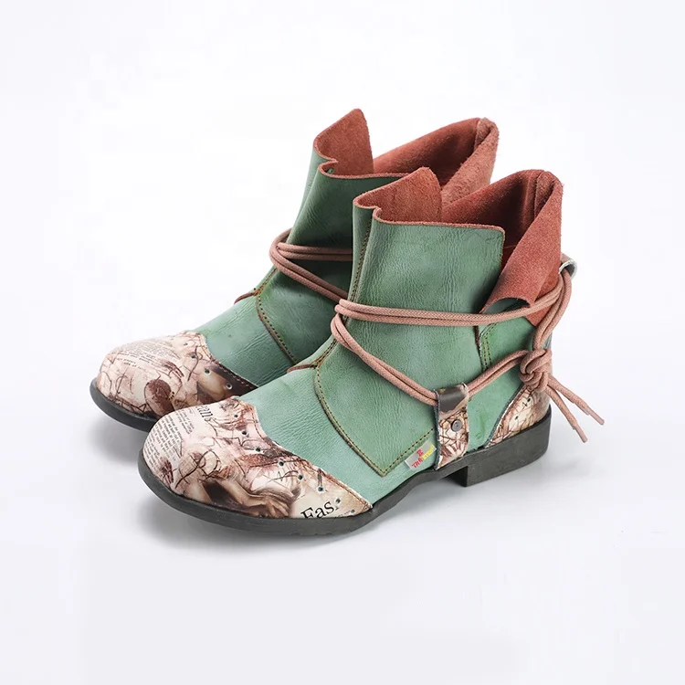 

New Fashion Thick-Soled Leather Women's Boots Retro Printing Green Waterproof Rain Boots