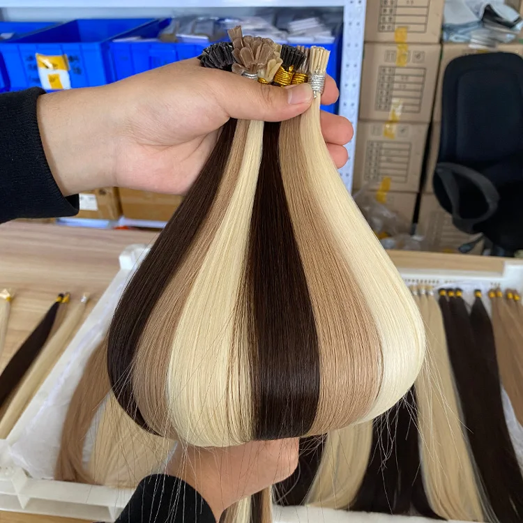 Wholesale Italian Keratin Glue Bond I tip Hair Extensions Human Hair Double Drawn Remy Keratin Hair Extensions details