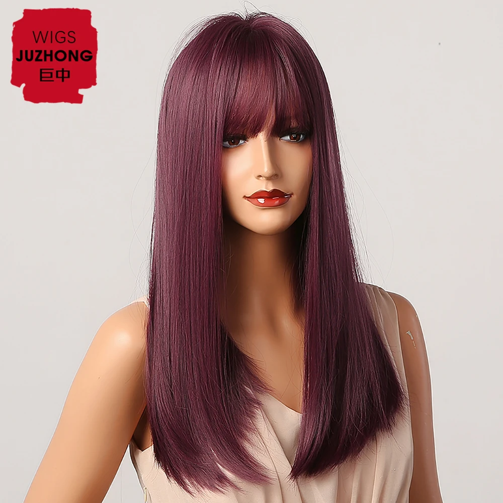 

Long Silk Straight Red Purple Wig Cosplay Lolita Party Bobo Synthetic Hair Wigs with Bangs for Black Women Afro