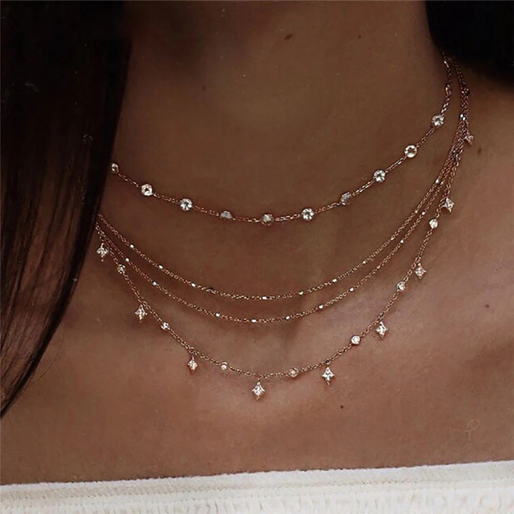 

2021 New Fashion Wedding Jewelry Golden Crystal Star Pendant Necklace Layered Female Bohemian Retro Necklace