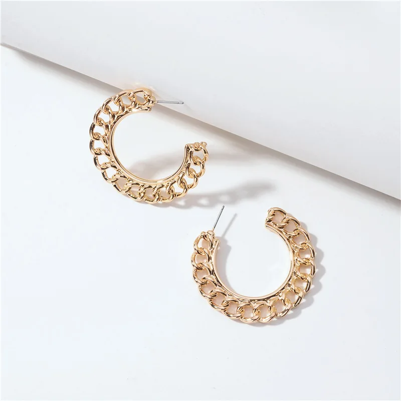 

New European and American popular geometric shape metal twist chain round ear hoop earrings wholesale, Gold/sliver