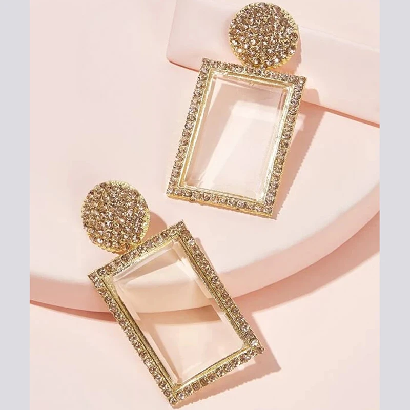 

2020 New ZA earrings rectangle shape full crystal glass large earrings for women