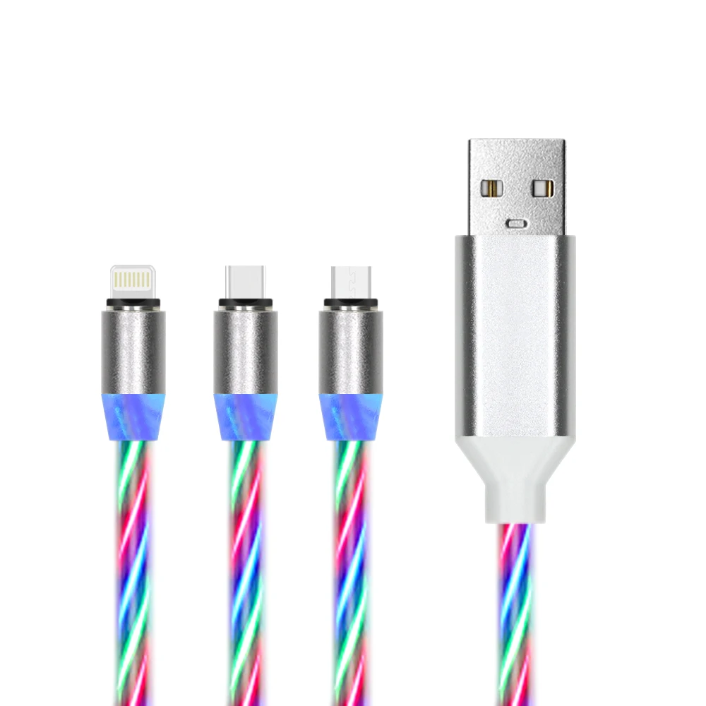 

best sellers 3 in 1 LED Glowing Mobile Phone Magnetic Charging Cable with 2.4A current for ios andriod system, White/blue/red/green/customized