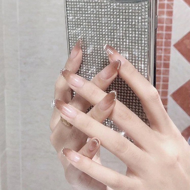

Coffee color ombre press on nails diamond designer false nails