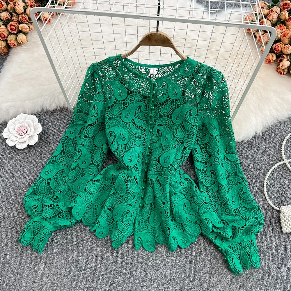 

Spring Vintage Court Style Round Neck Single Breasted Hollowed-Out Hook Lotus Leaf Lace Top