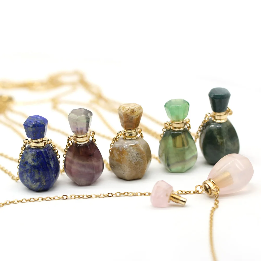 

Natural Pink Amethysts Quartz Tiger Eye Stone Perfume Bottle Pendant Necklace Gold Crystal Essential Oil Diffuser Vial Jewelry, As the picture