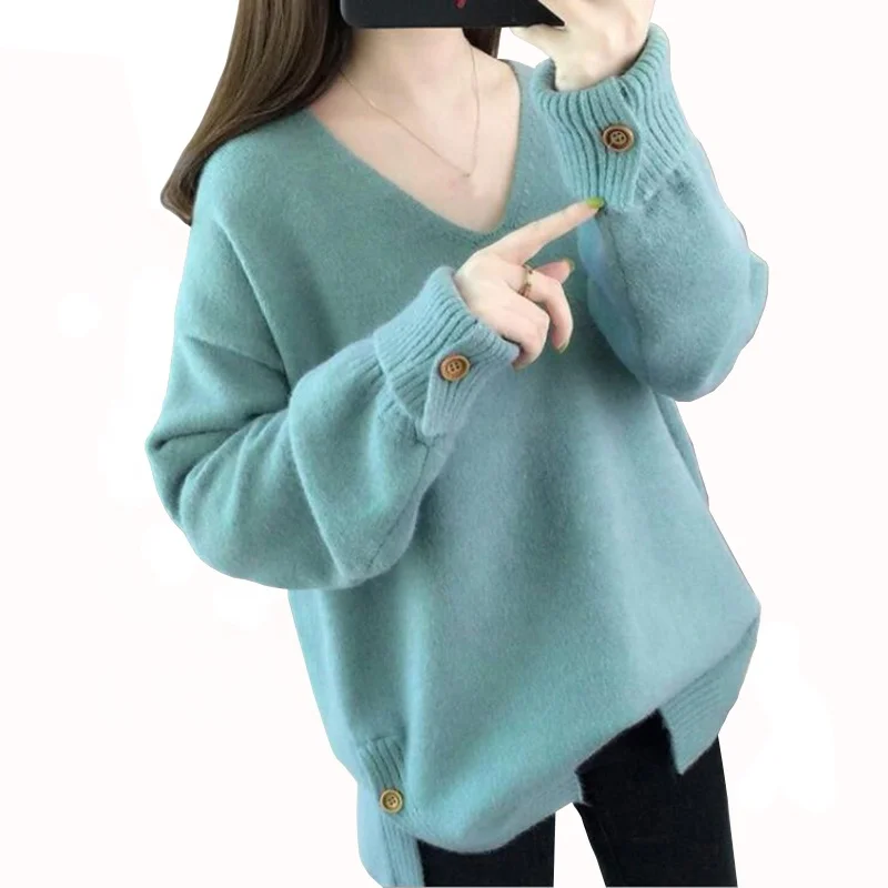 

Fashion Loose Style Split Knit Sweaters Women V-neck Knitwear Solid Color Womens Sweater Buttoned Cotton Knitted Pullover, 5 colors for selection
