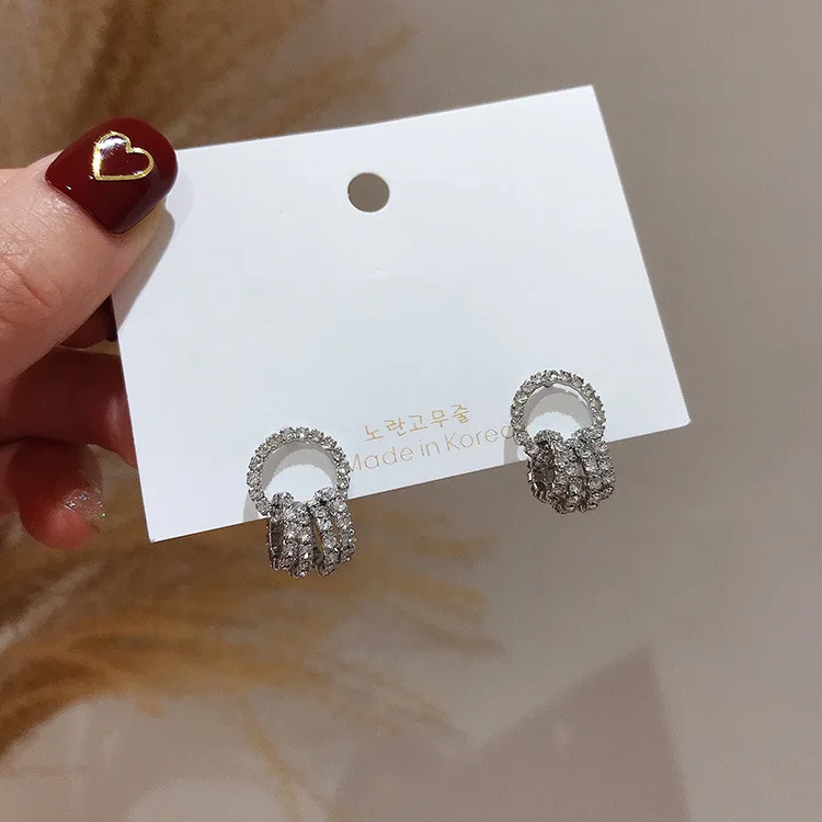 

JuHu S925 Silver Needle Full Diamond High-end Earrings French Net Red Personality Design Earrings, Silver needle -872