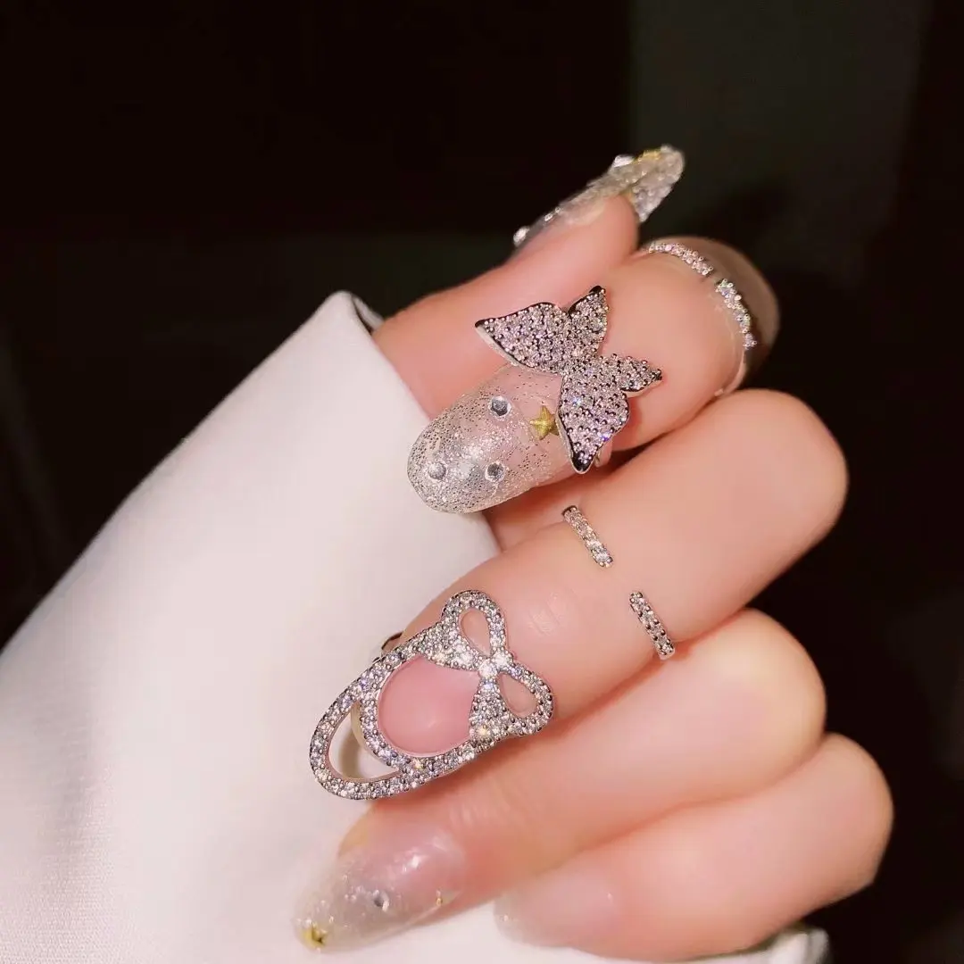 

Fashion Shiny Butterfly Nail Ring Opening Crystal Nail Protection Ring for Women, As picture shows