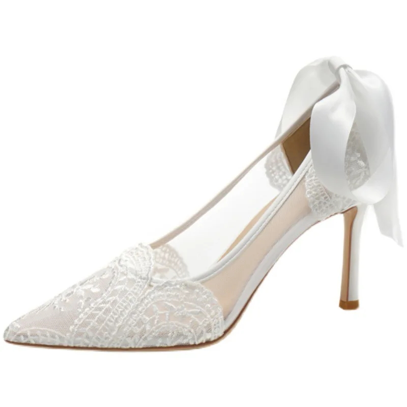 

Fashion elegant white lace bridal shoes women pointed toe thin heel pumps, As pictures