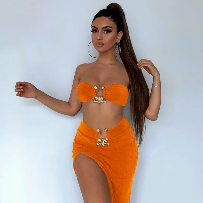 

2022 New Summer Women Dress High Slit Two Piece Set Women Ladies Dress Club Sexy Tube Top Hollow Out Bodycon Women 2 Piece Dress