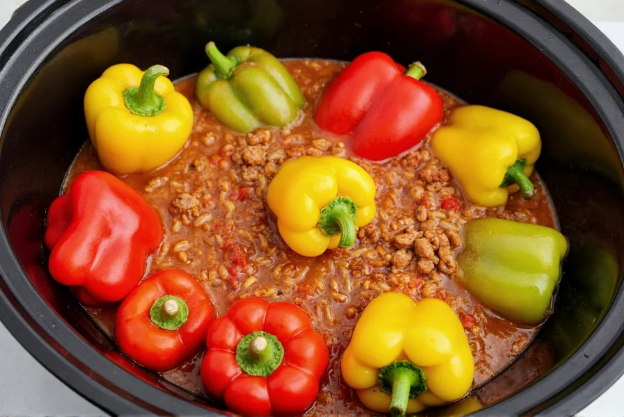 Crockpot filled with vibrant red, yellow, and green bell peppers simmering in tomato-based broth with ground beef and rice