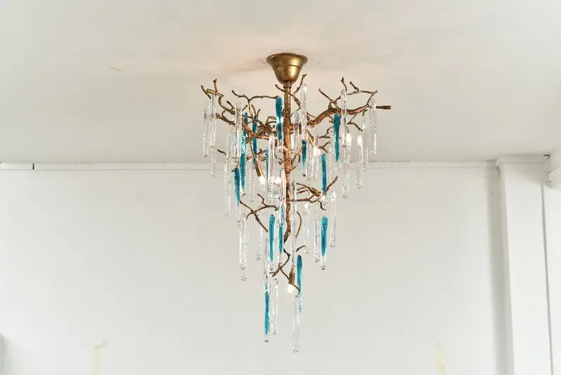 MEEROSEE Staircase Chandelier Aqua Lamp Blue Crystal Pendant Chandelier Gold Copper Lights Lamps Rattan Pentateuch MD87015