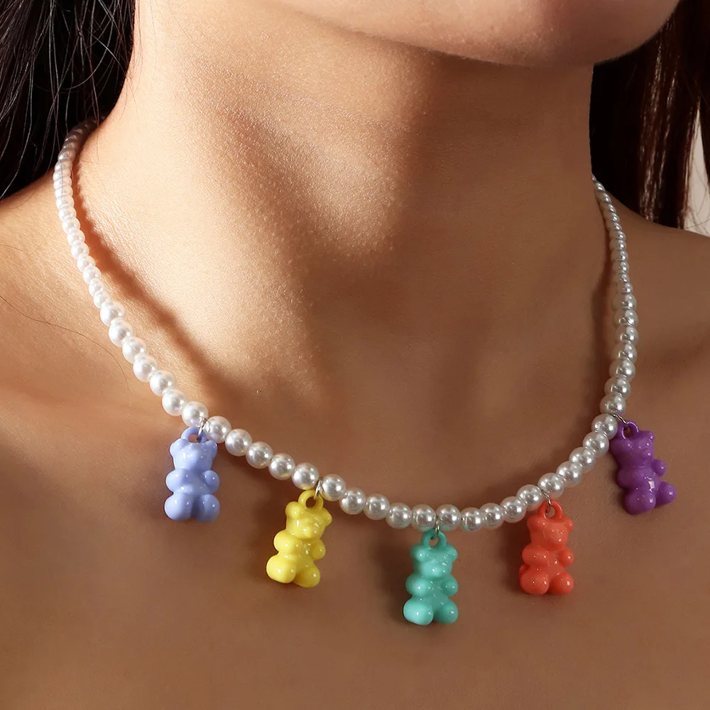 

Hot Selling Women Girls Handmade Pearl Bead Choker With Colorful Resin Gummy Bear Charm Necklace, Multi
