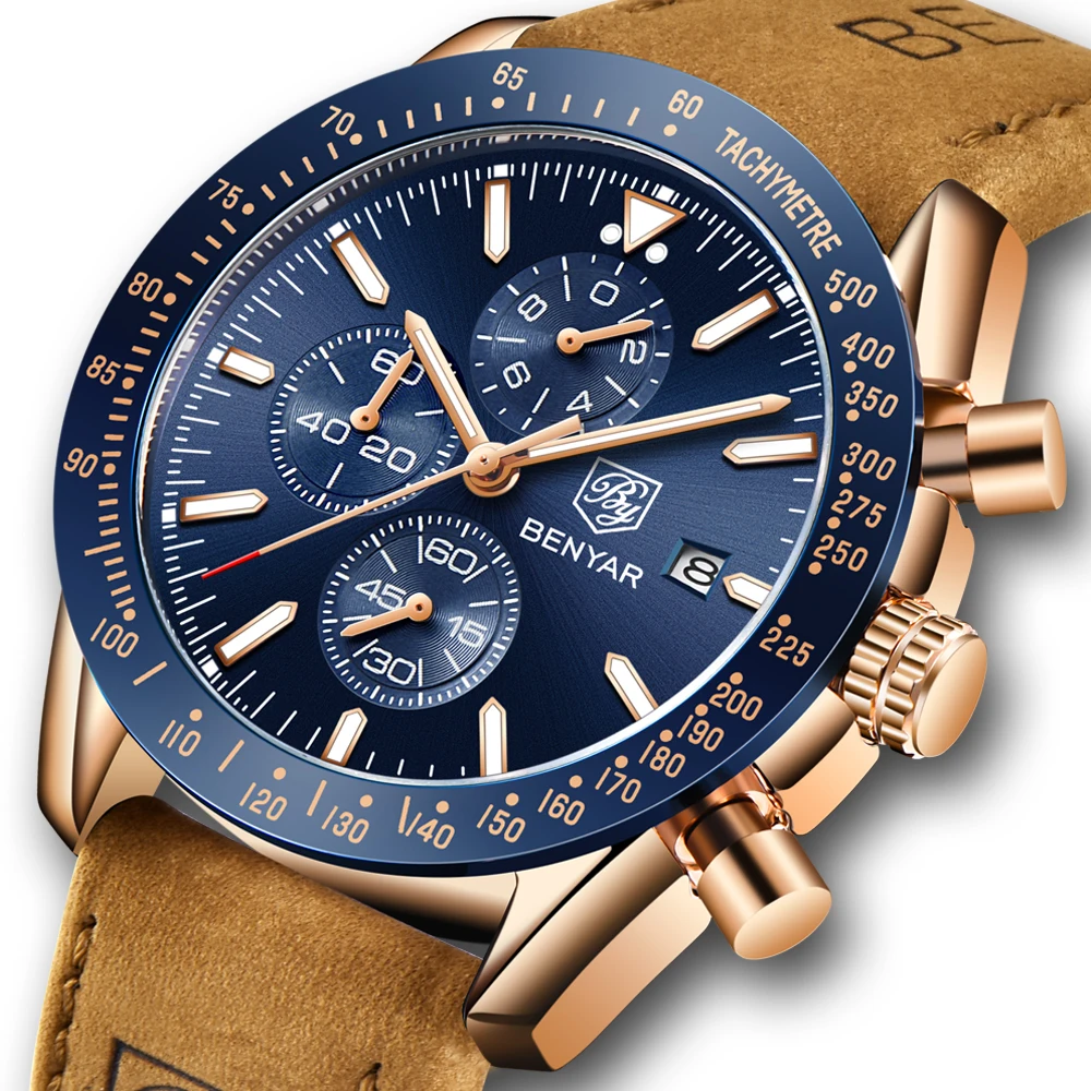 

benyar watch BY-5140M fashion blue men quartz watch 2019 Genuine Leather band 3 dials Chrono simple Casual wristwatch