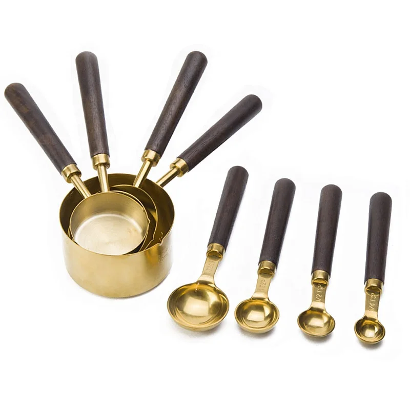 

Gold/Rose Gold 8PCS Set Walnut Handle Measuring Cups and Spoons Comfortable Antifreeze handle Kitchen Measuring Baking Tools, Rose gold /gold color