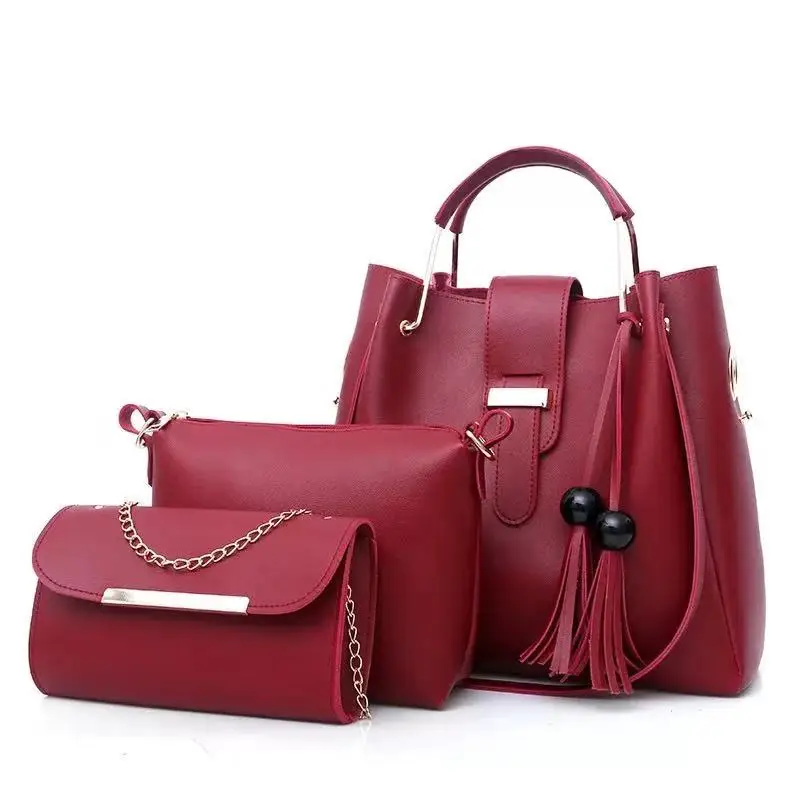 

B924-1 3 Pieces Pu Leather Tote Bag For Women Luxury Tassel HandBag Set