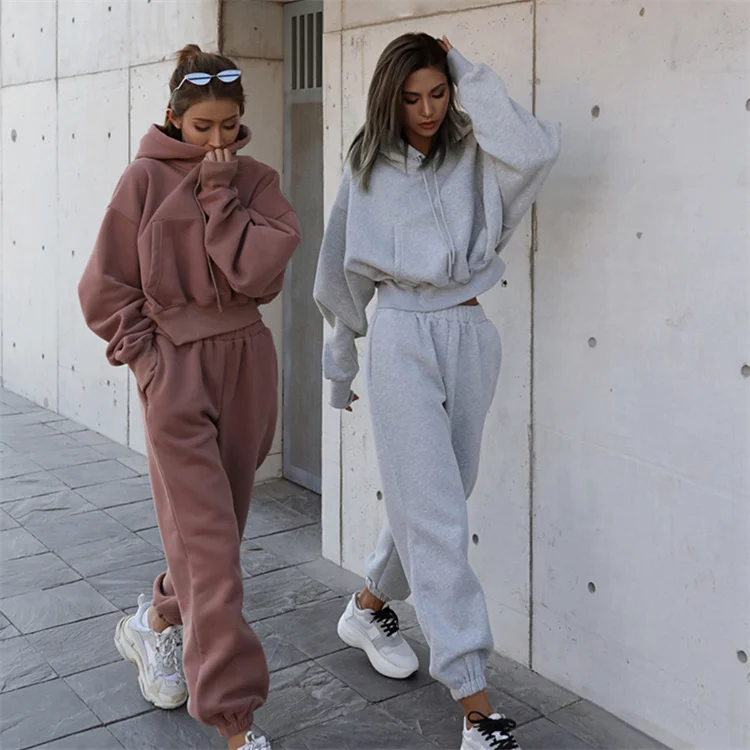 

Wholesale Ladies Hoodie Sweatsuit Solid Color Pocket Track Suits Autumn Women Loose Two Piece Set, Customized color