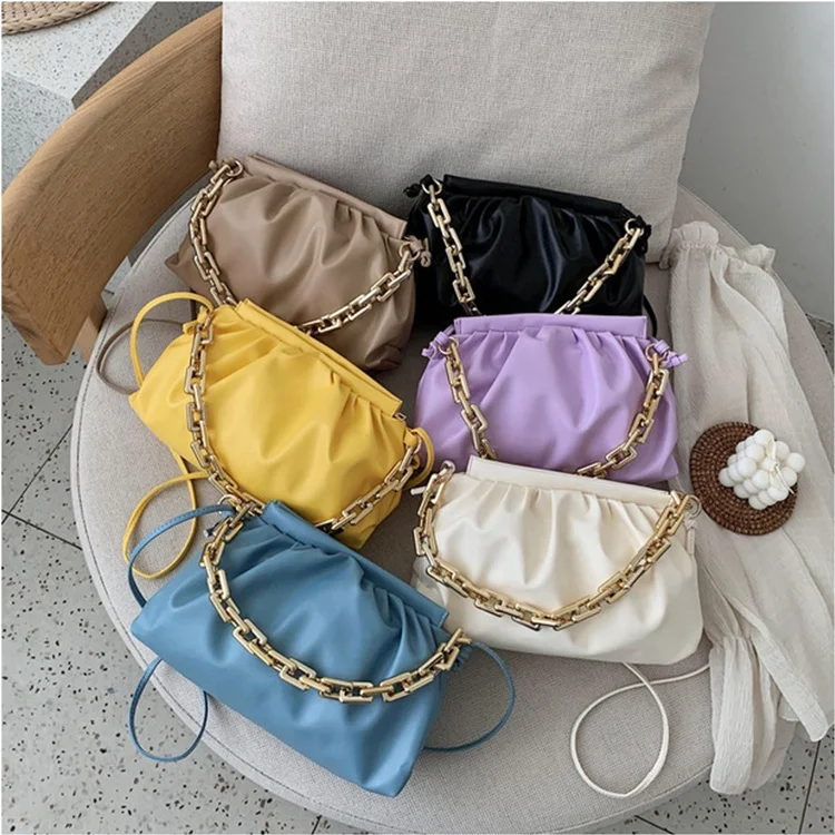 

Thick Chain Wrinkle Bag PU Waterproof Women's Messenger Bag Casual Soft Face Handbags, Purple, yellow, blue, black, khaki, white