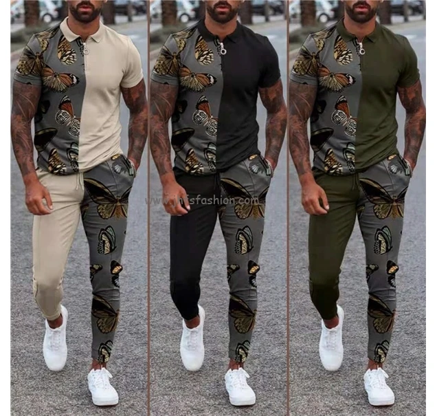 

J&H new fashion 17 colors cotton slim fit outfits 2 piece polo set with butterfly print men fashion streetwear, 17 colors as picture