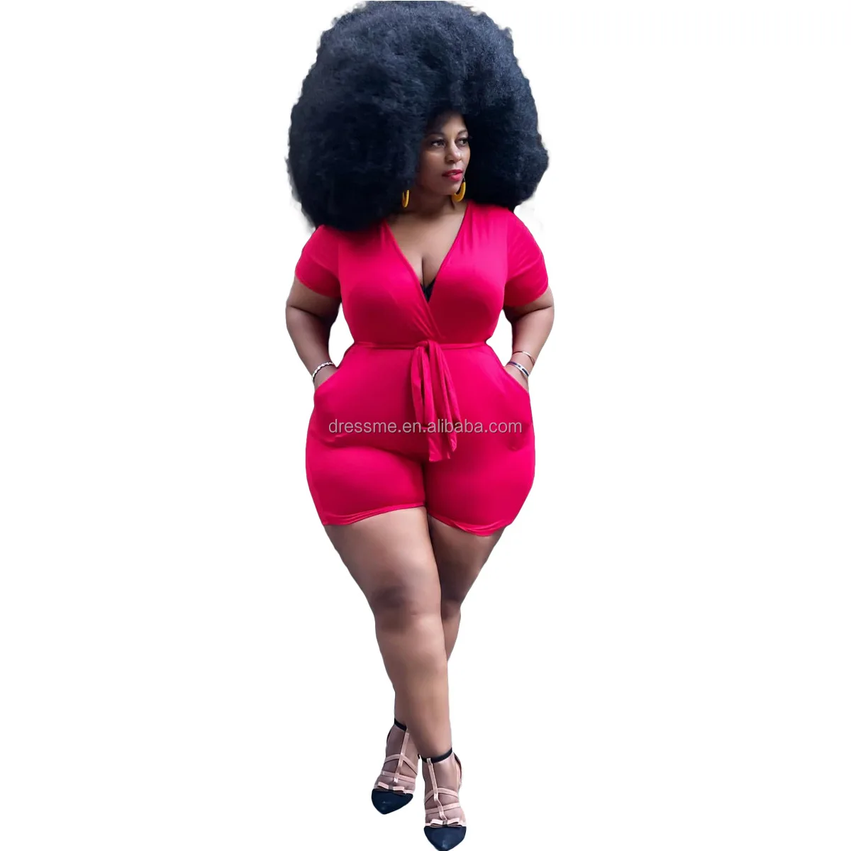 

MT126-10006 Summer new style plus size women's sexy solid color deep V jumpsuit with belt plus size women clothing