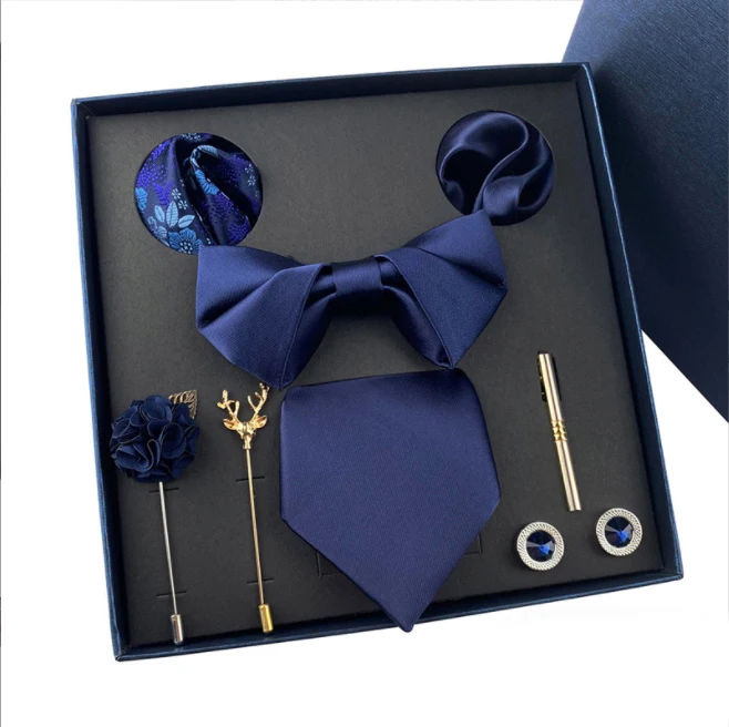 8pcs/Set Unique Design Men's Tie Set Tie Bowtie Handkerchief Cufflinks Brooch Gift Box Silk Solid Tie Suitable for Wedding Gift
