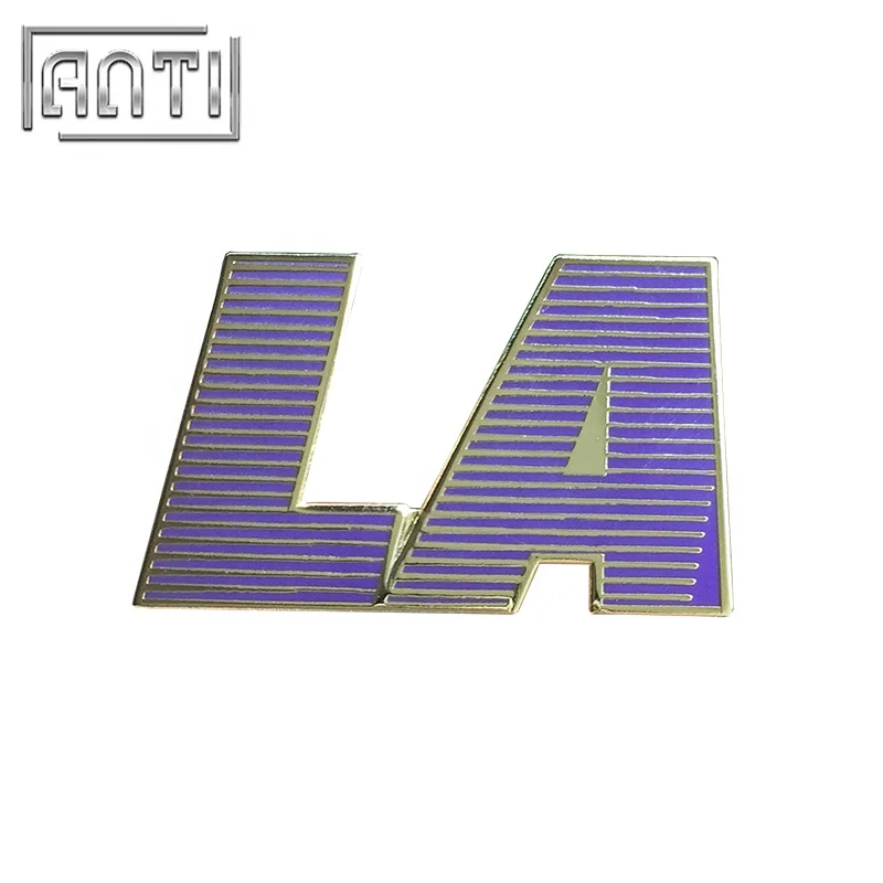

Letters LA lapel pin blue hard enamel name badge custom metal badge by your own design 1.5'' MOQ 1pc, Pantone color