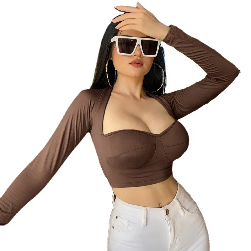 

Brown Black Orange Long Sleeve Womens Crop Top T Shirt Sexy, Black, brown, lavender, orange