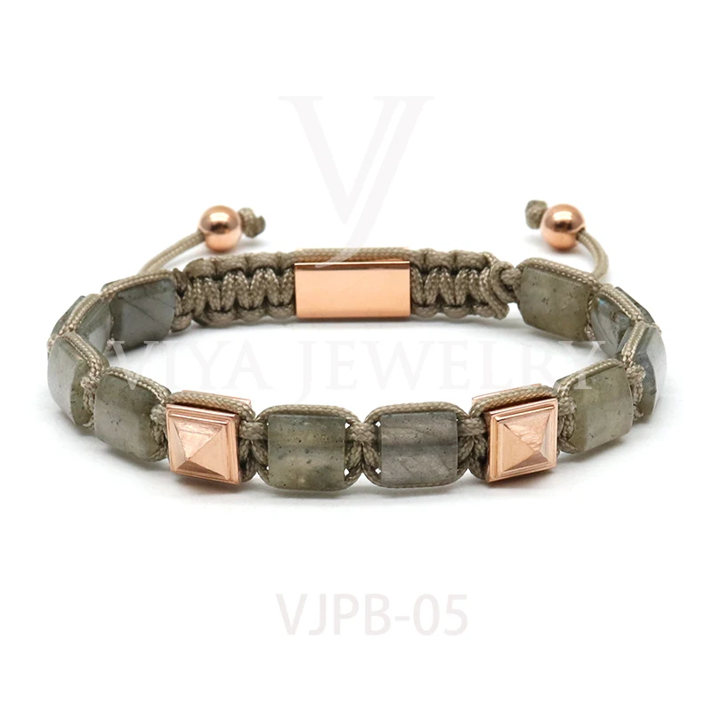 

Luxury Adjustable Friendship Quality Stainless Steel Pyramid Beads With Natural Square Stone Braided Macrame Bracelet Men Women